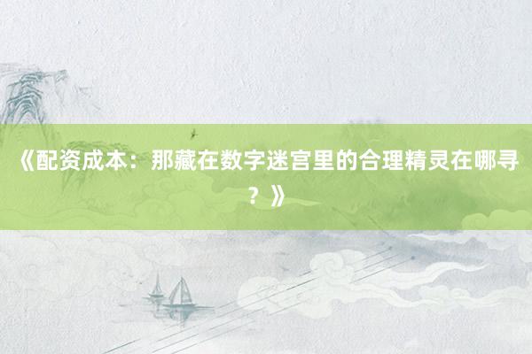 《配资成本：那藏在数字迷宫里的合理精灵在哪寻？》